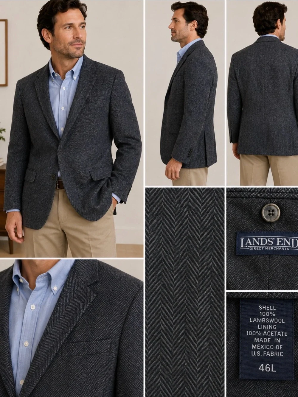 Lands’ End Men’s 46L Navy Herringbone Lambswool Blazer Wool Sport Coat